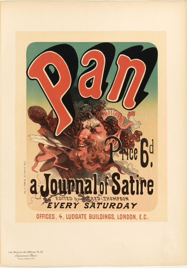 Ein Plakat mit einer Person in einem weißen Hemd mit ernstem Gesichtsausdruck, kurzen dunklen Haaren und einem weißen Hintergrund, mit der Aufschrift "Pan: Eine Satirezeitschrift" in fetter schwarzer Schrift in der Mitte des Plakats.