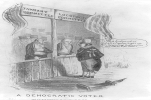 Ein Mann im Anzug steht entschlossen vor einer Tür, die mit 'Ein demokratischer Wähler' beschriftet ist.