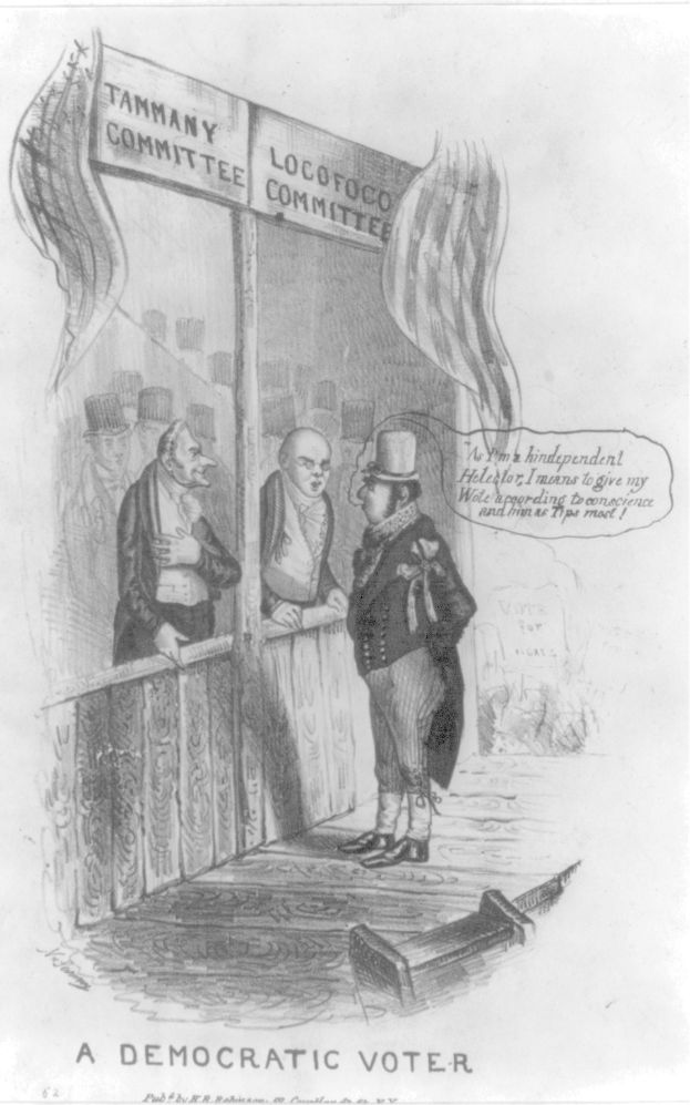 Ein Mann im Anzug steht entschlossen vor einer Tür, die mit 'Ein demokratischer Wähler' beschriftet ist.