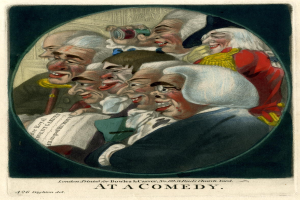 Gruppe von Menschen im Kreis lachend, einer hält ein Blatt Papier, mit 'Bei einer Comedy'-Text unten.