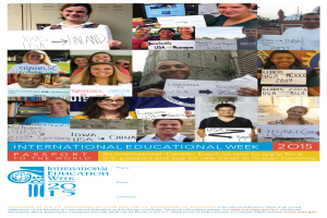 Ein Plakat für die Internationale Bildungswoche 2015, das eine Gruppe lächelnder Menschen mit Schildern zeigt, mit Text, der Informationen zum Event enthält.