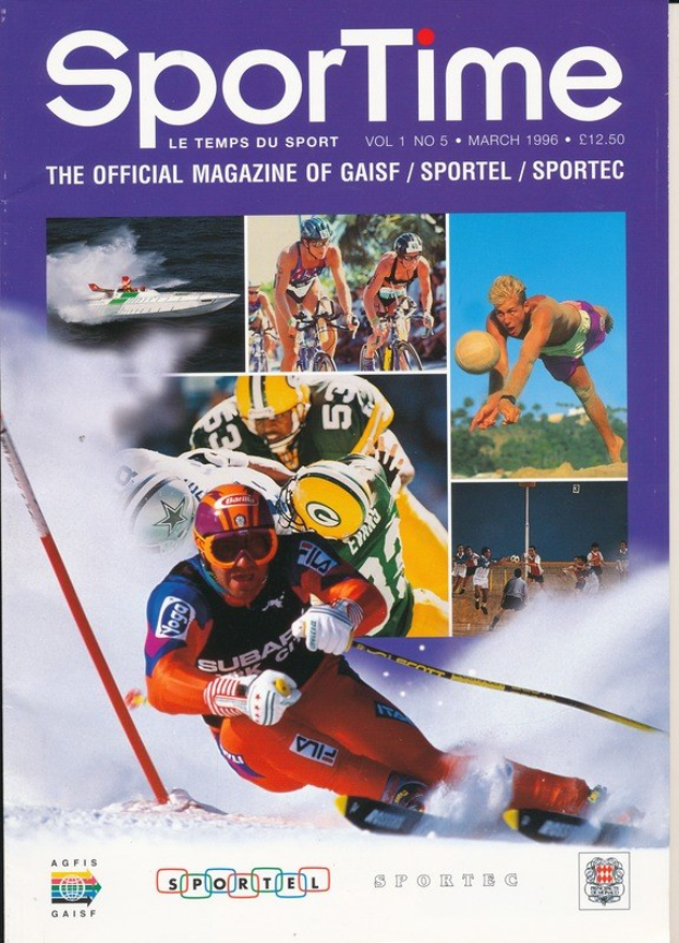 Titelbild von *Sporttime Magazine* (März 1996) mit Skifahren und Snowboarden Bildern, Text und Logos.