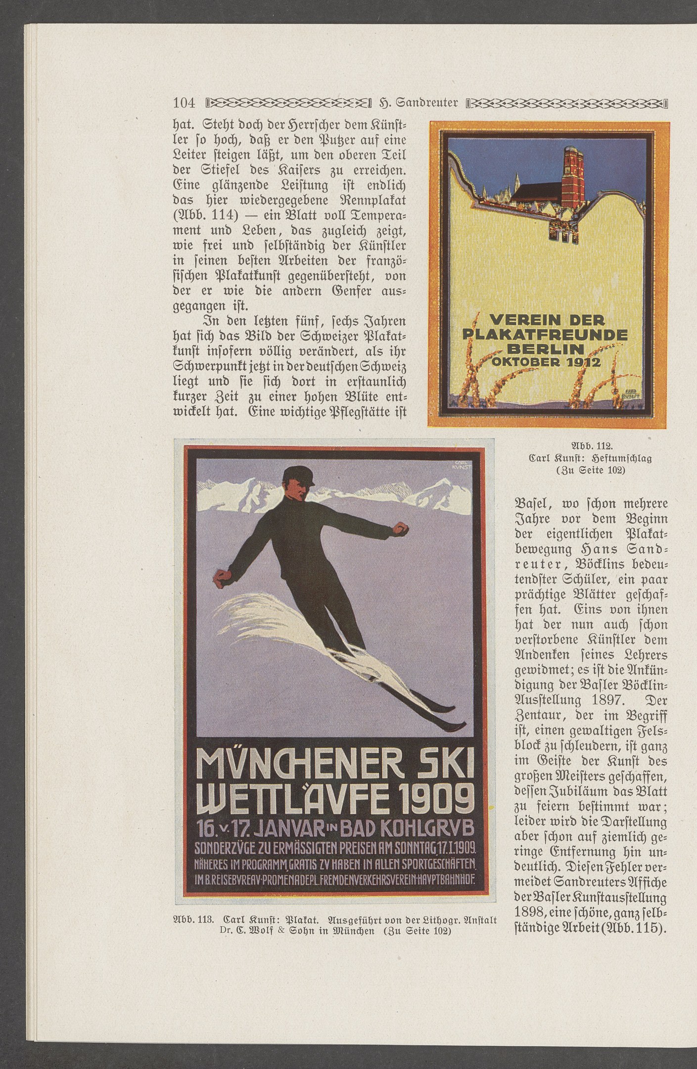 Werbung für den "Münchner Ski Wettlauf 1909"-Skirennen, die eine Person in einem Neoprenanzug und Helm zeigt, die eine schneebedeckte Piste mit einem hellblauen Himmel im Hintergrund hinunterfährt.