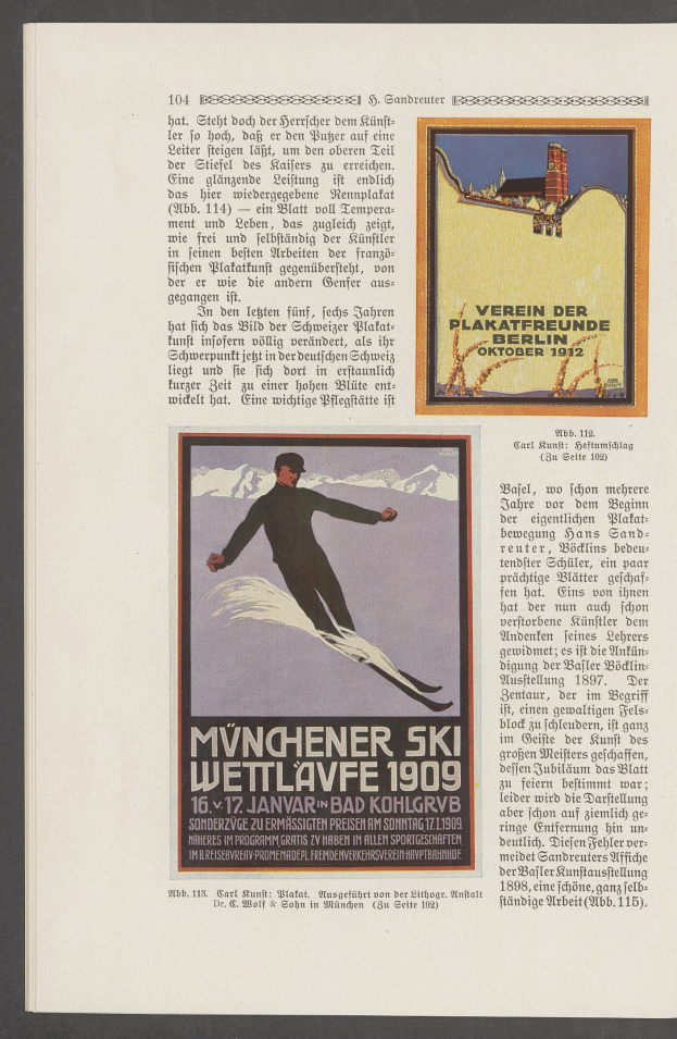 Werbung für den "Münchner Ski Wettlauf 1909"-Skirennen, die eine Person in einem Neoprenanzug und Helm zeigt, die eine schneebedeckte Piste mit einem hellblauen Himmel im Hintergrund hinunterfährt.
