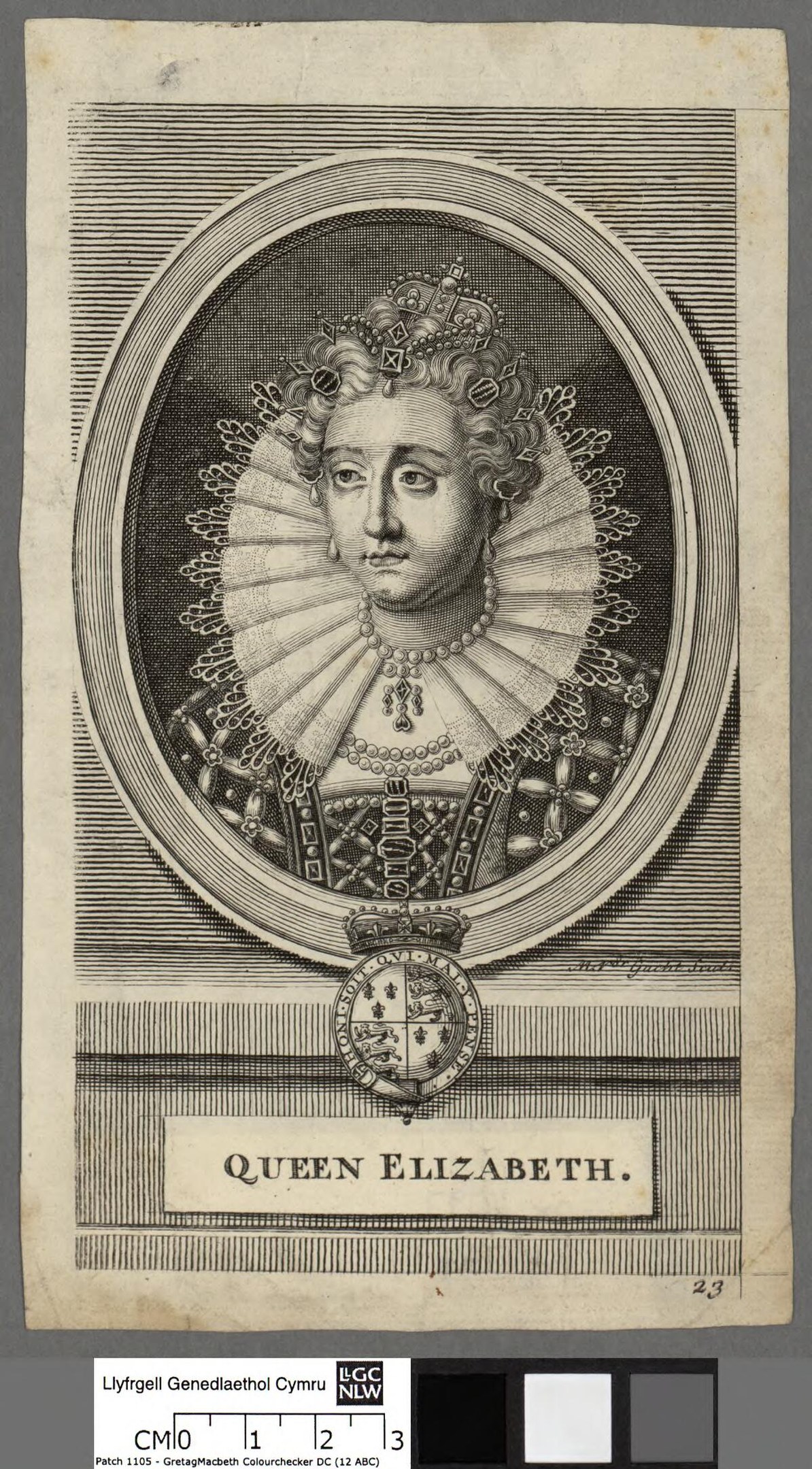 Porträt der Queen Elizabeth I. von England in königlicher Kleidung, einschließlich einer Krone und Tiara, mit ihrem Haar in einem Dutt frisiert, vor einem grauen Hintergrund und Text unten.