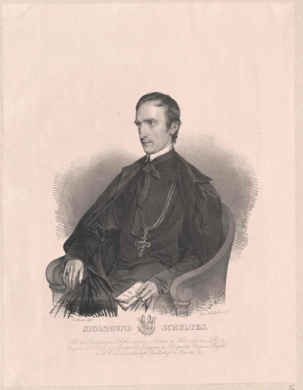 Gravur von Sigismund Schultes, ein Mann in schwarzer Robe, der auf einem Stuhl sitzt und ein Buch hält, mit Text unten, der ihn als deutschen Bundeskanzler identifiziert.