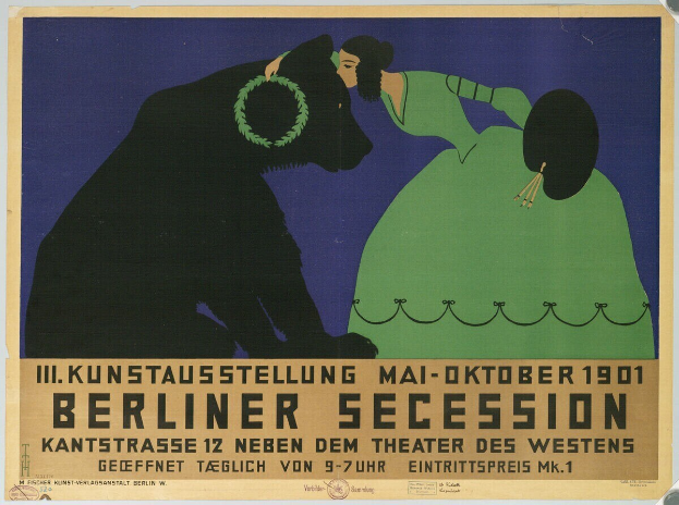 Plakat für die Berliner Secession mit einer Frau in einem grünen Kleid und einem Mann in einem schwarzen Anzug, mit Textbeschreibung des Ereignisses.