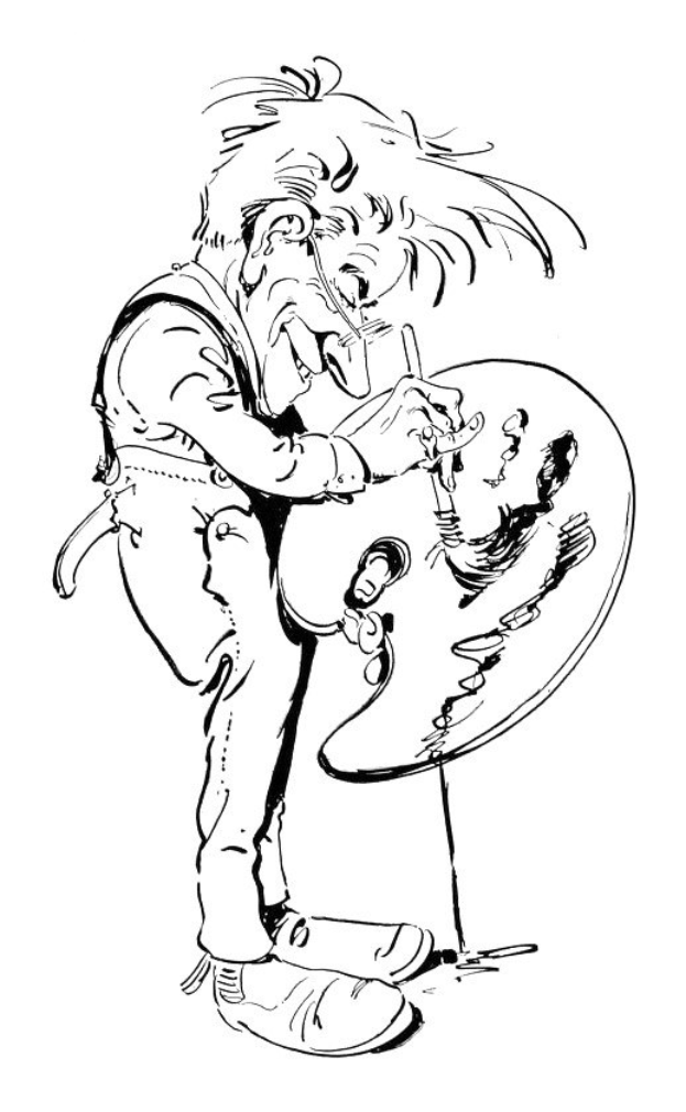 Eine Schwarz-Weiß-Zeichnung eines Mannes, der eine Gitarre spielt und dabei konzentriert und entschlossen aussieht.