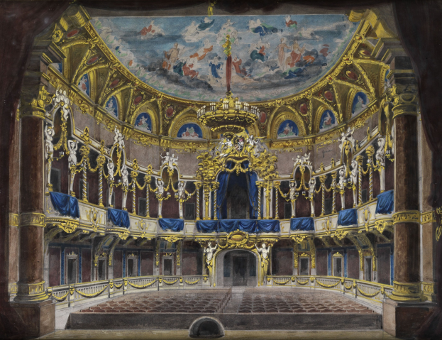 Gemälde eines Theaterinneren mit einer prächtigen Decke mit detaillierten Designs und Skulpturen, verzierten Wänden mit Säulen, Geländern und Vorhängen, einem Teppichboden und einem zusätzlichen Gemälde oben.