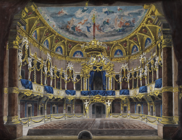 Ein Gemälde eines prächtigen Theatersaals mit detaillierten Deckenentwürfen, geschnitzten Säulen, Geländern, Vorhängen und einem Teppichboden, gekrönt von einem zusätzlichen Gemälde.