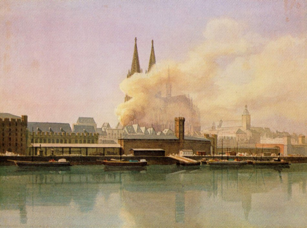 Bild eines 19. Jahrhundert-Köln-Stadtscape mit Booten, Gebäuden, Rauch und Himmel, unten mit 'Cologne, Germany in the 19th century' beschriftet.