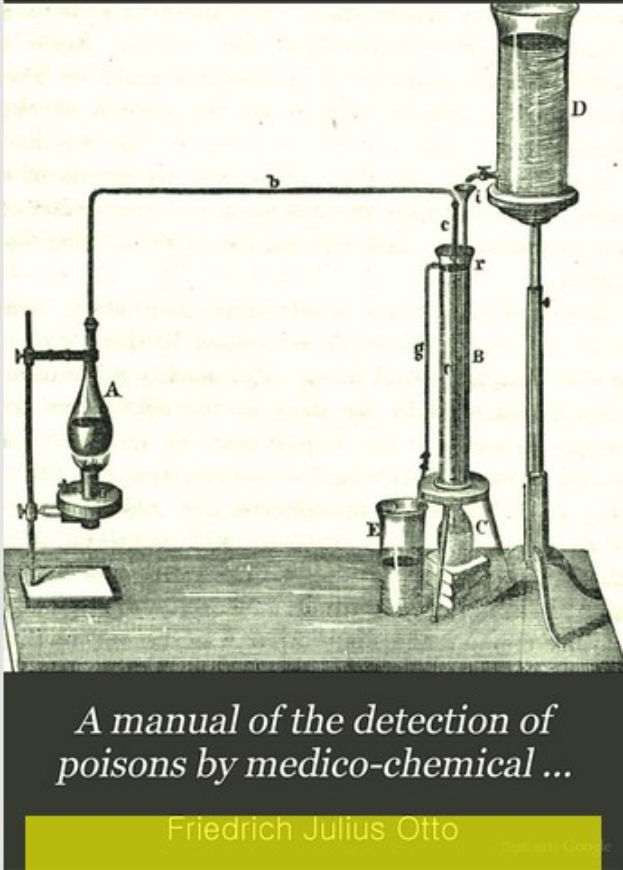 Ein Plakat mit einem zentralen Bild eines mit Flüssigkeit gefüllten Reagenzglases, umgeben von anderen Reagenzgläsern und Reagenzröhrchen, mit der Beschriftung "Ein Handbuch der Giftnachweise durch Medizinalchemie" unten.