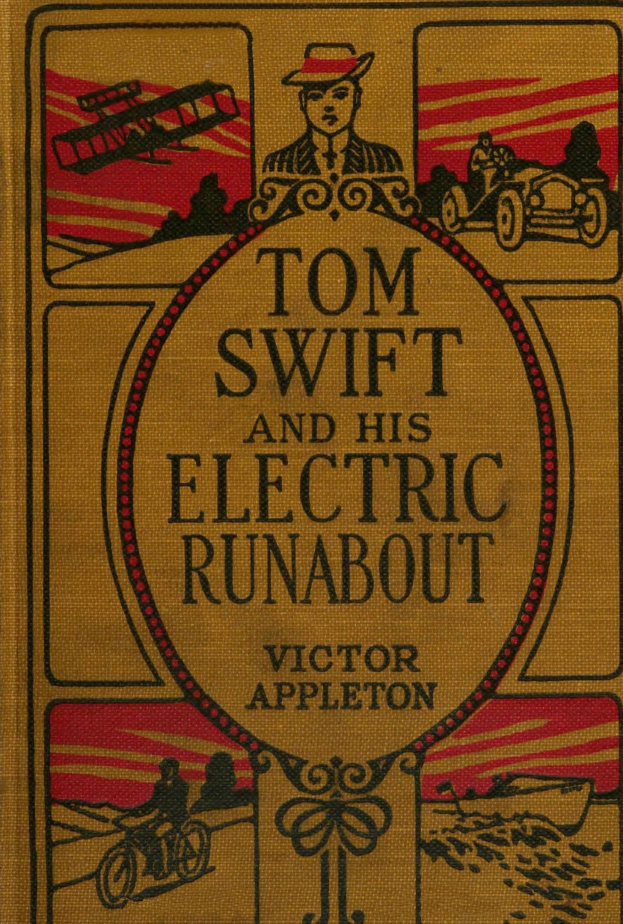 Buchumschlag mit Tom Swift und seinem elektrischen Runabout, mit einem hellgelben Hintergrund und einer schwarz-weißen Illustration von Tom Swift in der Mitte, fettem schwarzen Titeltext und kleinerem Autorennamen darunter.