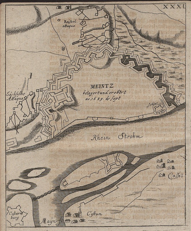 Alte detaillierte Karte von Meintz, Deutschland, mit Straßen, Gebäuden, Sehenswürdigkeiten und Texten einschließlich Bevölkerung, Lage und historische Informationen.