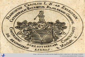 Altes Buch mit einem Wappen, das einen gekrönten Schild, einen Lorbeerkranz und ein Banner mit der Aufschrift 'Bibliothek' zeigt, sowie den Text 'Bibliotheken' darunter.