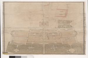 Ein detaillierter Stadtplan mit zahlreichen Gebäuden, darunter ein markantes Zentralgebäude, begleitet von erklärendem Text.
