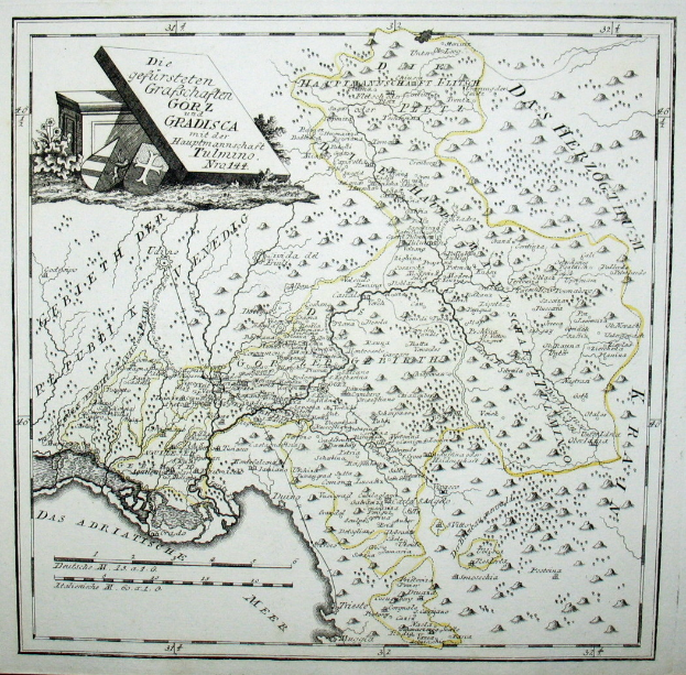 Ein altes Deutschland-Karte in einem Fotorahmen, mit einem zentral gelegenen Haus umgeben von Straßen, Städten und geografischen Merkmalen.