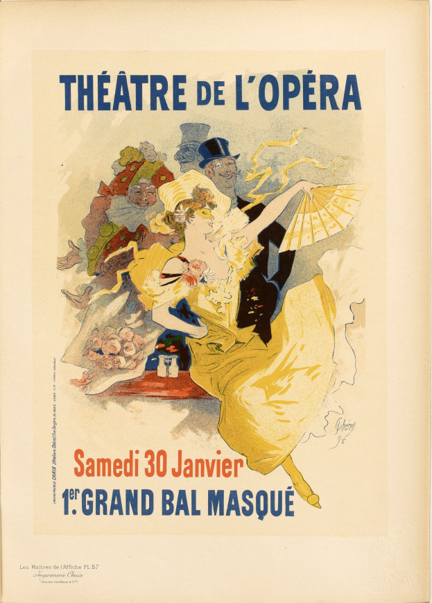 Plakat für das Théâtre de l'Opéra in Paris mit einer Frau in einem weißen Kleid mit einem blauen Schultertuch, ihr Haar zu einem Dutt gebunden, vor einem tiefblauen Hintergrund mit Sternen und schwarzer, fetter Schrift, die 'Theater der Oper' liest.