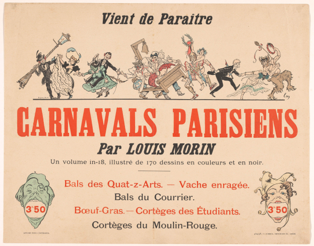 Ein Papier mit der Überschrift "Carnivals Parisiens par Louis Morin" in fetter Schrift, das farbenfrohe Illustrationen von Menschen in bunten Kostümen und Masken bei einer lebendigen Karnevalsszene zeigt.