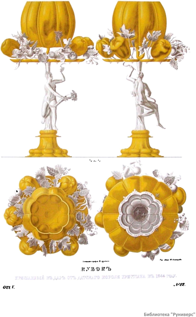 Ein Plakat mit einem Tisch voller Kürbisse, umgeben von Skulpturen und Blumen, mit dem Text "Kürbisdekorationen aus dem 18. Jahrhundert" unten.