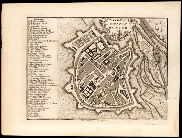 Ein detailliertes altes Stadtplan von München, Deutschland, auf einem schwarzen Hintergrund, der Straßen, Gebäude und Sehenswürdigkeiten zeigt, mit Text, der zusätzliche Informationen bereitstellt.