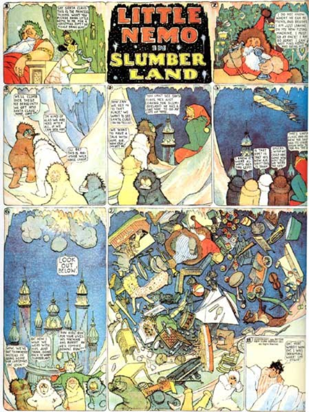 Ein farbenfrohes Plakatcollage mit Cartoons und Texten aus der Comicreihe Little Nemo und Slumberland, mit verspieltem Design.