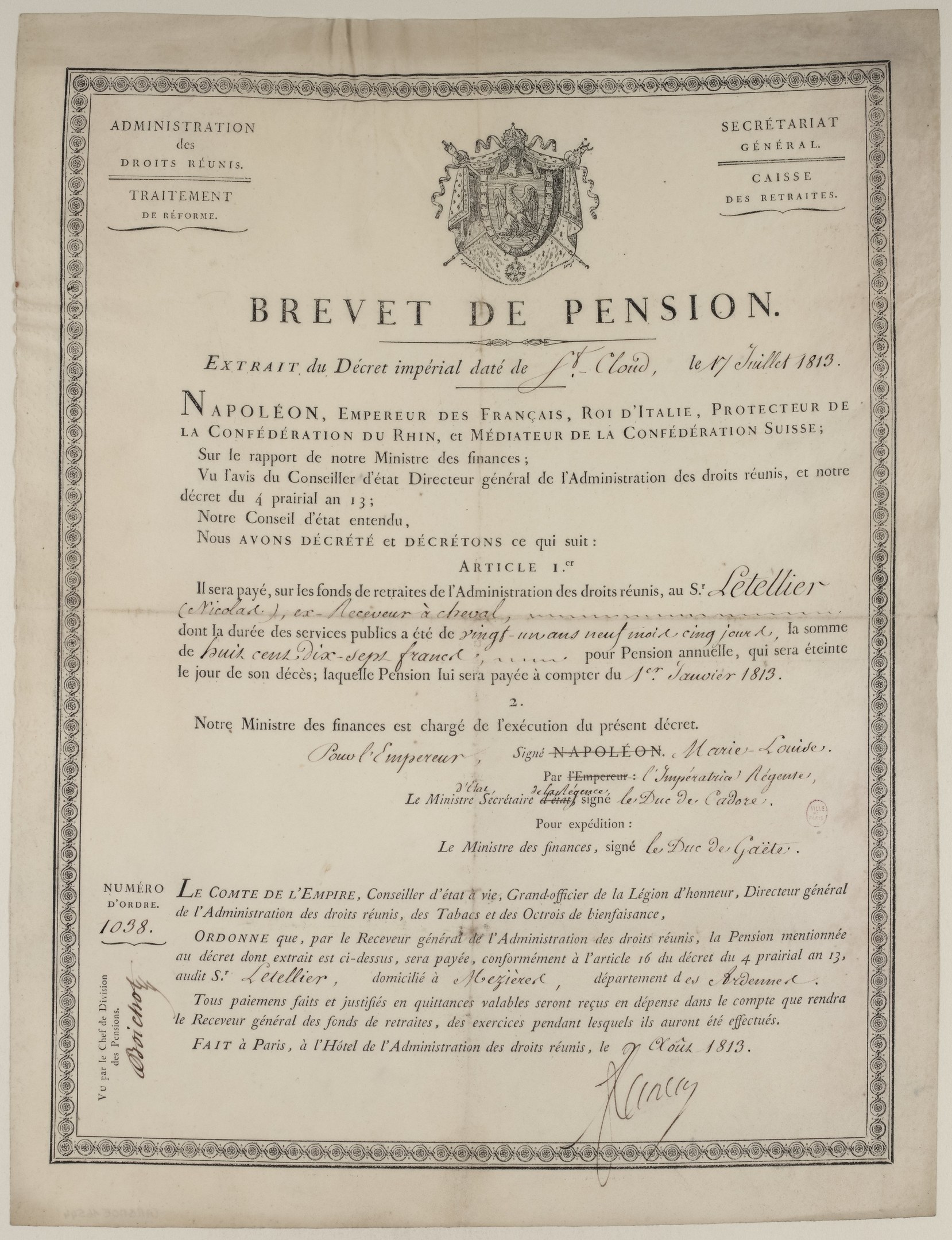 Schwarz-weißes Rentnerzeugnis mit einem Mannsgesicht, Text 'brevet de pension' und Logo.