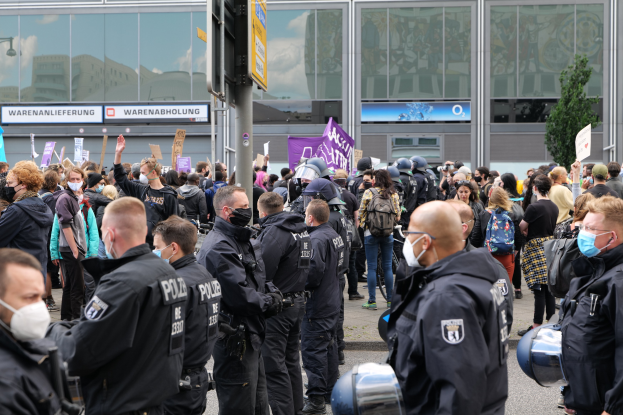 Eine große Gruppe von Menschen vor einem Gebäude protestierend, einige halten Schilder und tragen Helme, mit einem Pfahl und Schild im Vordergrund und einem Baum im Hintergrund.