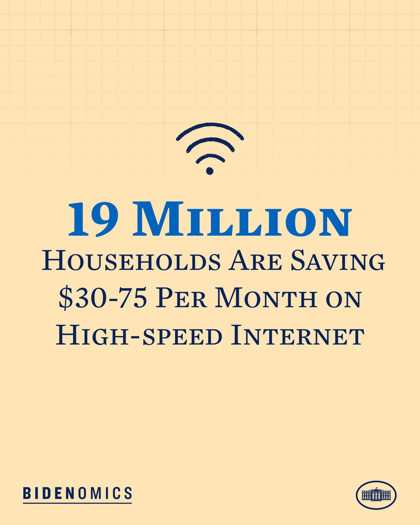Plakat mit der Aufschrift "19 Millionen Haushalte sparen $30-75 pro Monat bei High-Speed-Internet" und einem Logo.