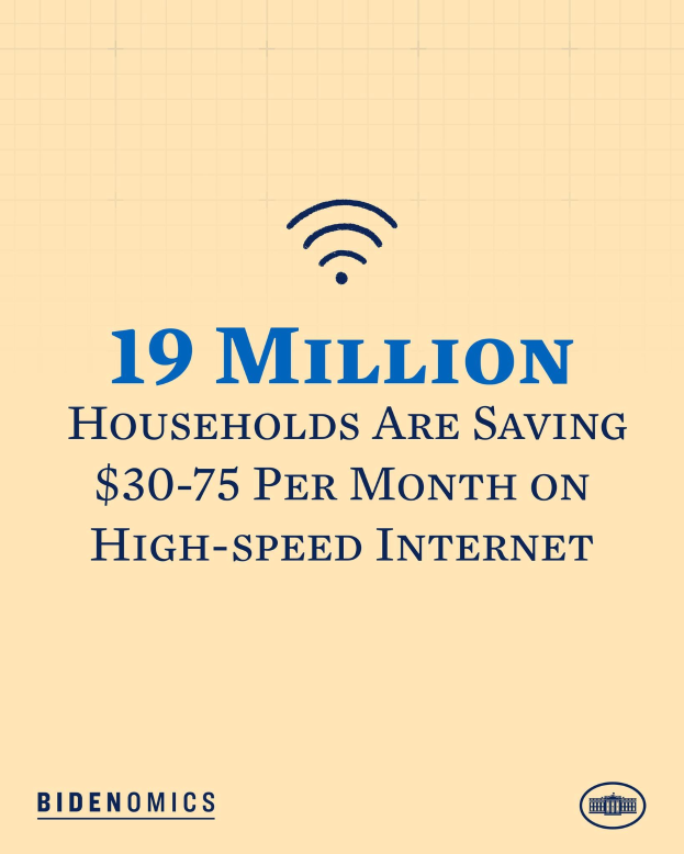 Plakat mit der Aufschrift "19 Millionen Haushalte sparen $30-75 pro Monat bei High-Speed-Internet" und einem Logo.