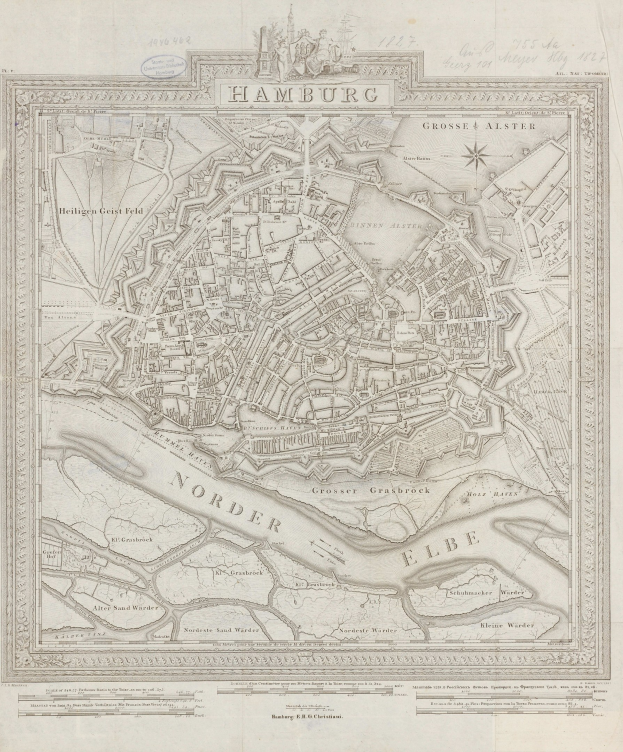 Alte Karte von Hamburg, Deutschland, auf Papier gedruckt, zeigt Straßen und Sehenswürdigkeiten im klassischen Stil.