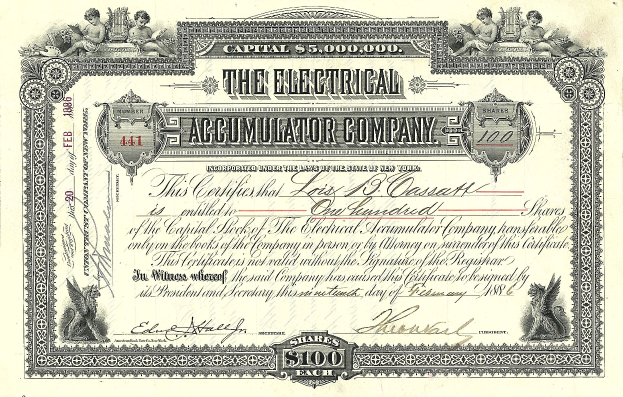 Aktienzertifikat der Electrical Accumulator Company mit detaillierten Designs, Text und numerischen Angaben.