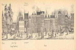 Ein altes Bild einer Stadtstraße in den Niederlanden, betitelt "Lange Yverberg", mit Gebäuden, Bäumen, Menschen und Pferdewagen.