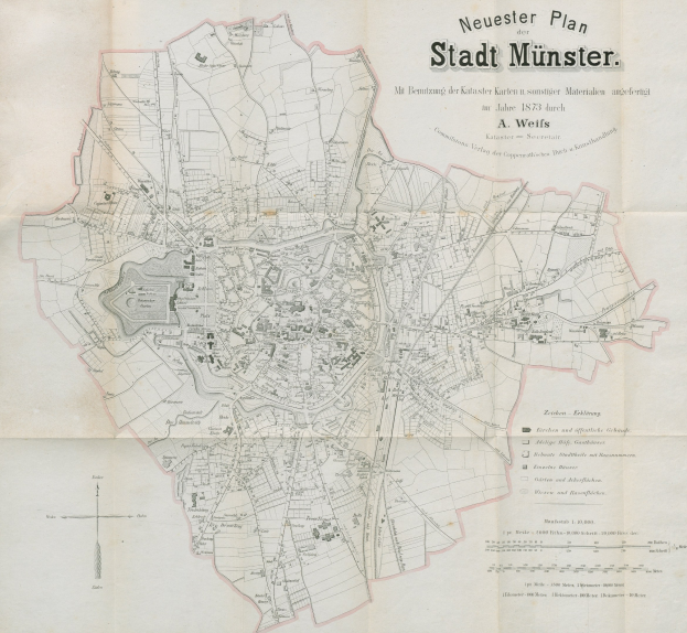 Alte detaillierte Stadtplan von Stadt Münster, Deutschland von 1873, der die Stadtlayout mit Textanmerkungen zeigt.
