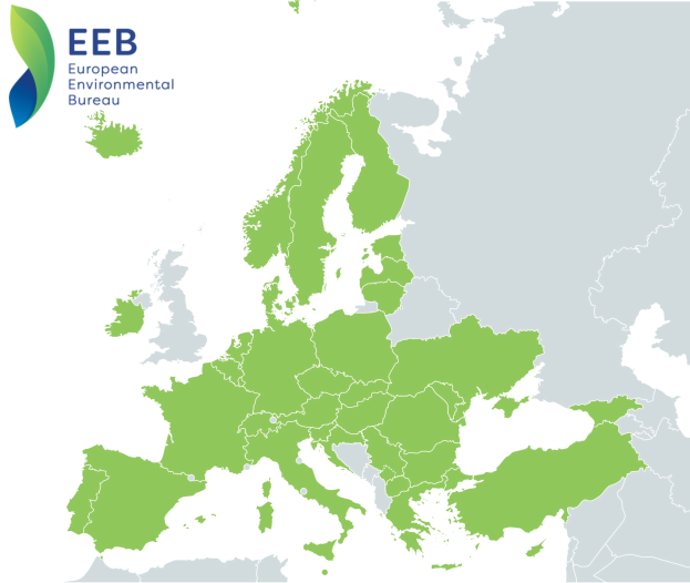 Eine Europakarte mit dem Logo des European Environmental Bureau in der linken oberen Ecke, die in verschiedenen Grüntönen schattiert ist, um verschiedene EU-Regionen darzustellen.