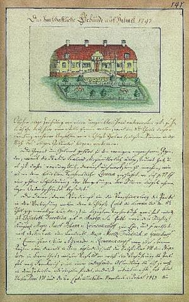 Altes Dokument aus dem Jahr 1797 mit einer detaillierten Zeichnung der Schleswig-Holstein-Schule in Delmar, Deutschland, mit einem roten Dach und unterzeichnet von der Schule.