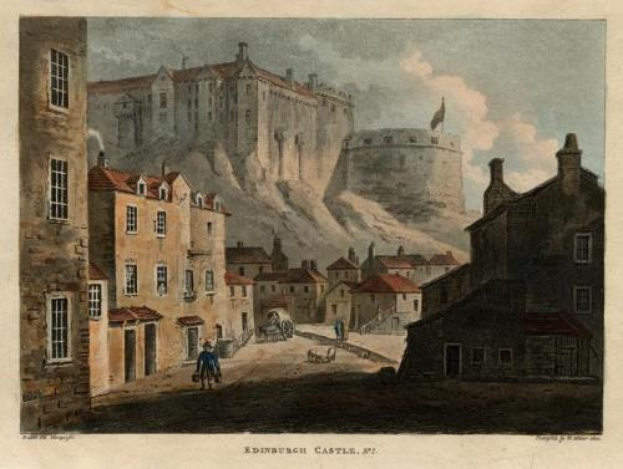 Gemälde von Edinburgh Castle mit Gebäuden, Fenstern, Menschen, Wagen und einer Fahne im Vordergrund, Wolken am Himmel und Text unten.