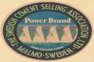 Plakat mit dem Text "Die schwedische Zement-Verkaufsvereinigung Power Brand" und einem Bild einer Brücke über Wasser.