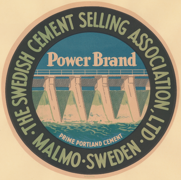 Plakat mit dem Text "Die schwedische Zement-Verkaufsvereinigung Power Brand" und einem Bild einer Brücke über Wasser.