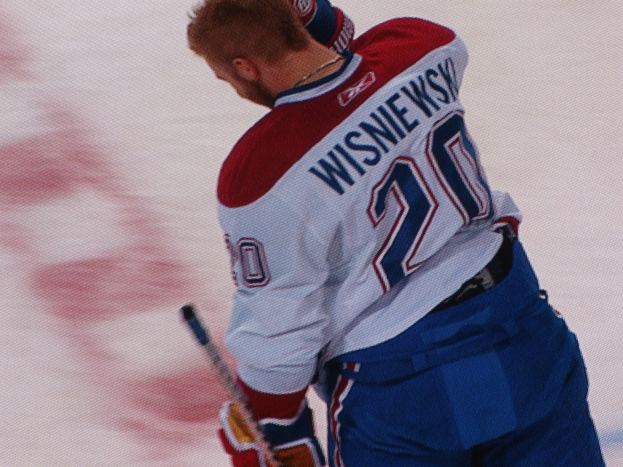 Professioneller Eishockeyspieler mit einem "Wisniewski"-Trikot, der einen Hockey-Schläger hält und konzentriert auf dem Eis steht.