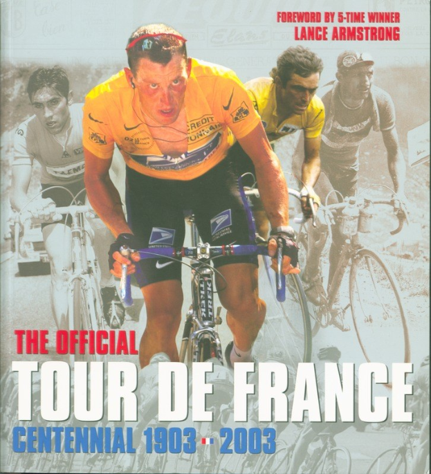 Offizielles Tour-de-France-Jubiläumsplakat (1903–2003) mit einer Gruppe von Radfahrern auf Fahrrädern mit Text zu den Event-Details.
