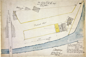 Eine detaillierte handgezeichnete Karte auf Papier, die Straßen, Gebäude und Sehenswürdigkeiten zeigt und von erklärendem Text über die Größe, Lage und Merkmale der Stätte begleitet wird.