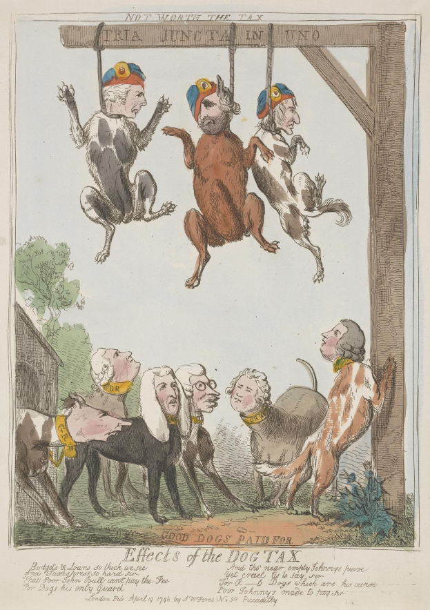 Ein Blatt Papier mit einer Zeichnung von Menschen und Tieren, darunter ein Hund, der an einem hölzernen Pfahl hängt, und handgeschriebener Text, der wahrscheinlich über eine Hundesteuer handelt.