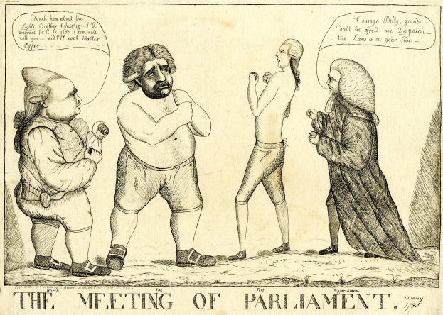 Eine handgezeichnete Skizze von drei Menschen, die stehen und diskutieren, mit der Beschriftung "The Meeting of Parliament" unten.