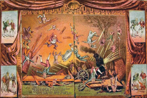 Gemälde einer Zirkusvorstellung mit Performern in bunten Kostümen auf einer Bühne, umgeben von Vorhängen und Requisiten, mit Text unten.