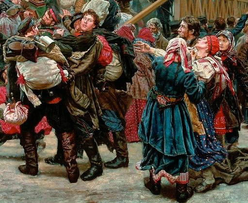 Gemälde, das eine Gruppe von Menschen in traditioneller russischer Kleidung zeigt, die Gegenstände halten und vor einer Menge tanzen, mit einem hölzernen Haus im Hintergrund, das eine lebhafte Szene aus der russischen Revolution vermittelt.