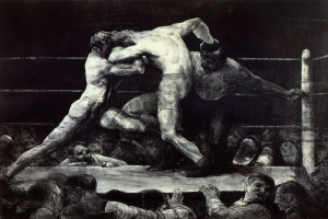 Schwarz-weiß-Zeichnung von zwei Boxern, die im Ring gegeneinander kämpfen und von einer jubelnden Menge umgeben sind.