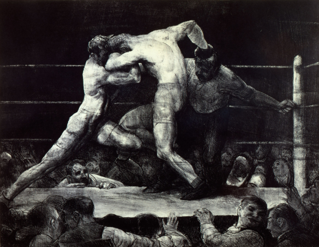 Schwarz-weiß-Zeichnung von zwei Boxern, die im Ring gegeneinander kämpfen und von einer jubelnden Menge umgeben sind.