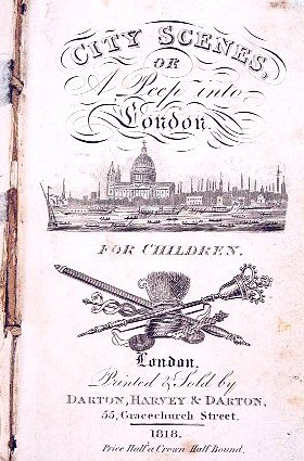 Altes Buch mit dem Titel "Stadtansichten oder ein Blick in London für Kinder" mit einer detaillierten Illustration eines pulsierenden Stadtbilds auf dem Cover.