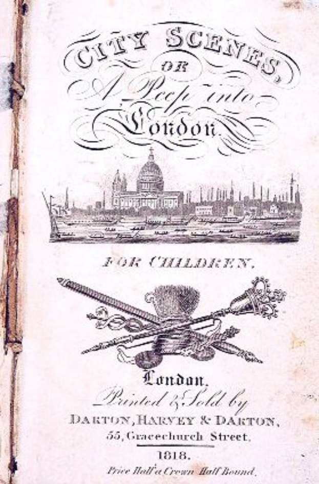 Altes Buch mit dem Titel "Stadtansichten oder ein Blick in London für Kinder" mit einer detaillierten Illustration eines pulsierenden Stadtbilds auf dem Cover.